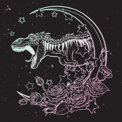 Detailed sketch style drawing of the roaring tyrannosaurus rex on a Moon and roses frame. Tattoo design. Concept art drawing. Sketch Isolated on balack night sky background. EPS10 vector illustration.