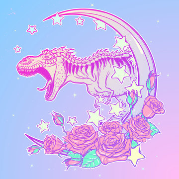 Detailed sketch style drawing of the roaring tyrannosaurus rex on Kawaii Moon and roses frame. Tattoo design. Concept art drawing. Pastel goth pallette. EPS10 vector illustration.