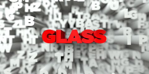 GLASS -  Red text on typography background - 3D rendered royalty free stock image. This image can be used for an online website banner ad or a print postcard.