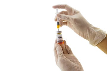 Hands of the doctor filling a vaccine syringe and bottle vaccine of Human papillomavirus (HPV) vaccine on white background.Saved with clipping path.