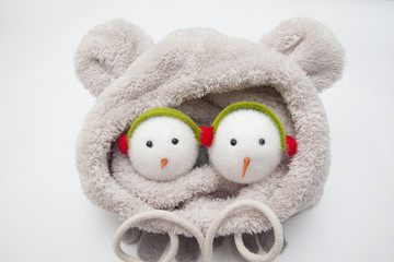 winter clothes and decorations for christmas tree, woolen hat, gloves, muffler and snowman, colorfull balls