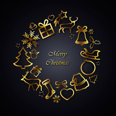 Fototapeta na wymiar Christmas gold wreath with decorations on black background