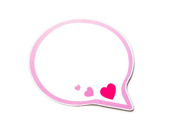 Speech bubble with pink hearts and border isolated on white background. Copy space