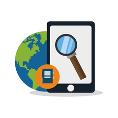 Smartphone lupe and agend icon. Digital marketing media ecommerce seo and business theme. Isolated design. Vector illustration