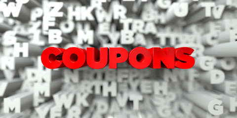 COUPONS -  Red text on typography background - 3D rendered royalty free stock image. This image can be used for an online website banner ad or a print postcard.