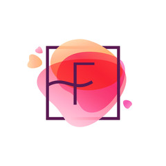 F letter logo in square frame at pink watercolor background.