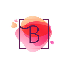 B letter logo in square frame at pink watercolor background.