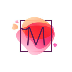 Fototapeta na wymiar M letter logo in square frame at pink watercolor background.