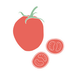 Hand drawn tomato set. Sliced cherry tomatoes. Vector food illustration on the white background 
