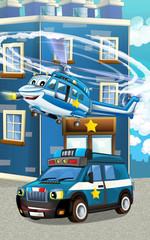 Cartoon happy and funny police car and helicopter - illustration for children