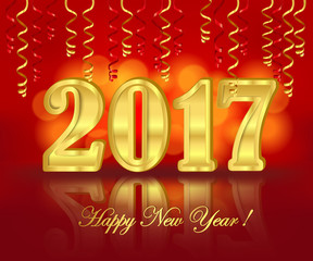 Horizontal greeting banner with golden three-dimensional lettering 2017 on the bright red blurred background decorated with paper streamers. Christmas and New Year background. Vector illustration