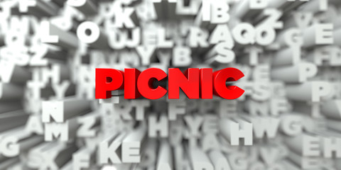 PICNIC -  Red text on typography background - 3D rendered royalty free stock image. This image can be used for an online website banner ad or a print postcard.
