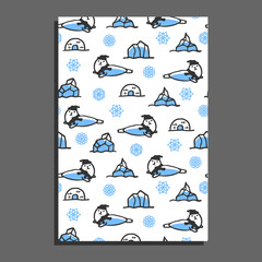 Greeting card template with cute cartoon seal. Vector doodle seals, snowflakes, and icebergs. Arctic animal wears scarf