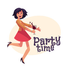 Young beautiful girl dancing at the party with a wine glass, cartoon vector illustration isolated, banner vector template. Full height portrait of young pretty woman dancing and having fun