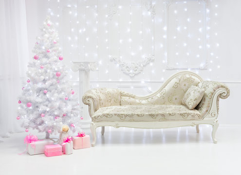Classic Christmas Light Interior In White And Pink Tones With A Couch, Tree And Molding In The Baroque Style And Neressans.