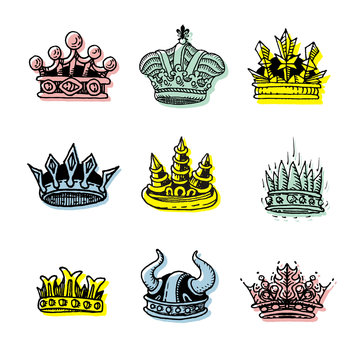 Set of silhouettes of stylized images of the crown.