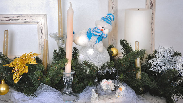 Happy New Year! Christmas decor, Christmas Background, fireplace, Christmas tree. Christmas card.
