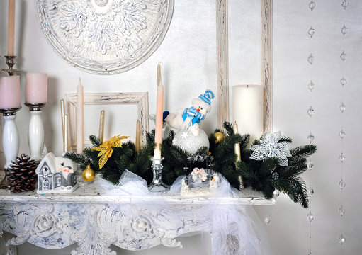 Happy New Year! Christmas decor, Christmas Background, fireplace, Christmas tree. Christmas card.
