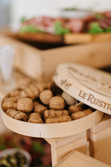 Corks lie in wooden box 