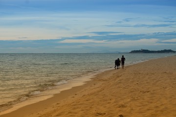Naklejka premium Sunrise Sea water and beach and sky. Cold Warm Filter look Colorful