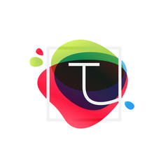 T letter logo in square frame at multicolor splash background.