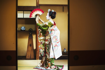 A woman dressed in the traditional geisha style, wearing a kimono and obi, with an elaborate hairstyle and floral hair clips, with white face makeup with bright red lips and dark eyes. Standing in a classic pose with fan raised, side view. 