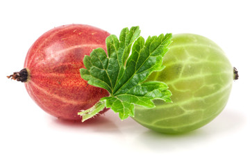 red and green gooseberries with leaves on a white background
