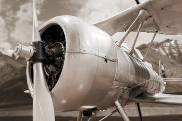 Engine and propeller close up from retro airplane