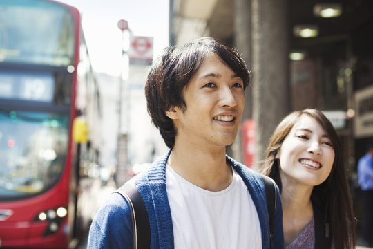 A young man and woman on a London street