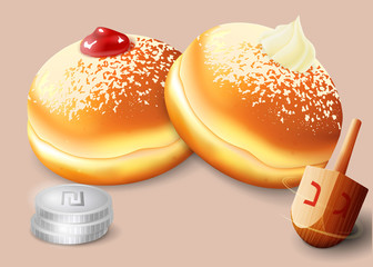 Vector illustration of jewish holiday Hanukkah with traditional donuts and wooden spinning top and coins.