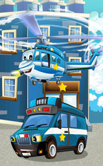 Obraz na płótnie Canvas Cartoon happy and funny police car and helicopter - illustration for children
