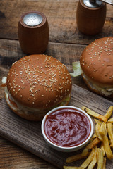 Sandwich hamburger with juicy burgers, cheese and mix of cabbage. Top view