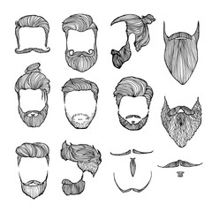Set of men's hairstyles, mustaches and beards. Hand-drawn sketch. Vector Illustration.