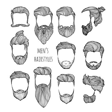 Set of men's hairstyles, mustaches and beards. Hand-drawn sketch. Vector  Illustration. Stock Vector | Adobe Stock