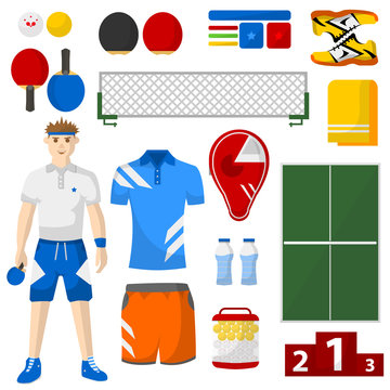 ping pong icons set.   sport equipment and uniform for workout  tournament.