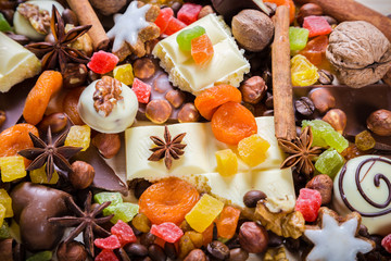 festive background with sweets and chocolate