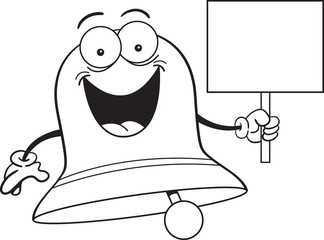 Black and white illustration of a smiling bell holding a sign.