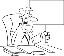 Black and white illustration of a man sitting at a desk and holding a sign.