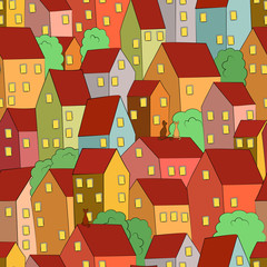 Seamless vector pattern. Bright city day. Colorful houses, trees