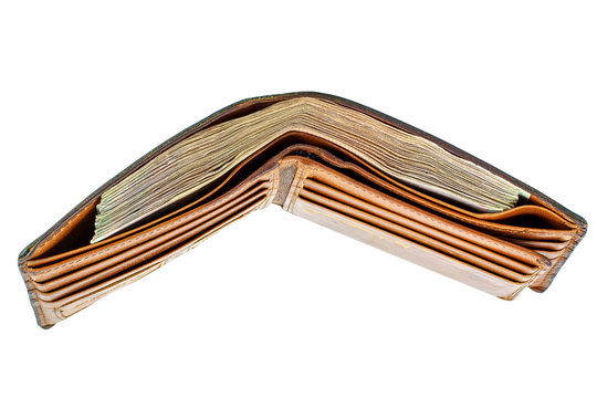 black leather wallet with money isolated on white background