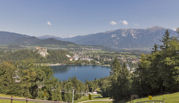 Castle and St. Martins Church overlooking Bled Lake in Slovenia.