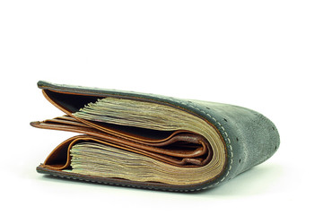 black leather wallet with money isolated on white background