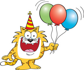 Cartoon illustration of a smiling cat holding balloons.