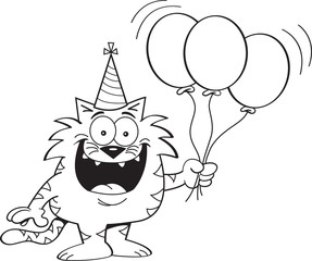 Black and white illustration of a smiling cat holding balloons.