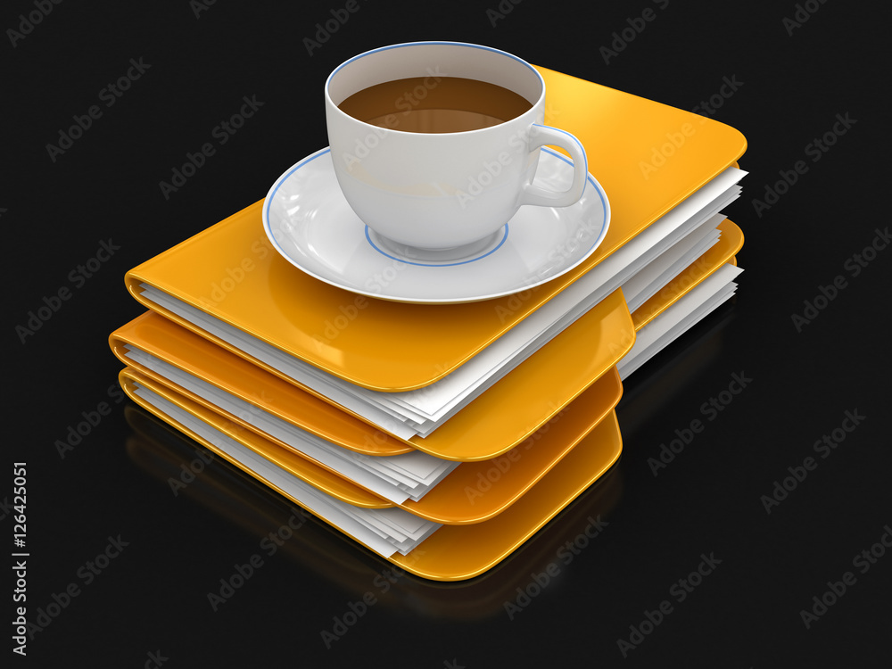 Poster folder and files with cup of coffee. image with clipping path