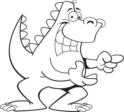 Black and white illustration of a dinosaur pointing.