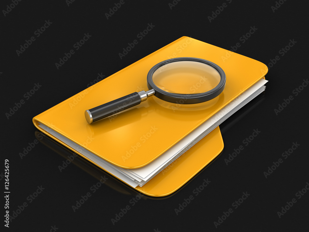 Poster 3d folders with magnifying glass. image with clipping path