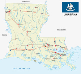 road map of the US American Federal State Louisiana with Flag