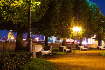Night view of alley on Spit of Vasilyevsky Island, Saint Petersburg, Russia.