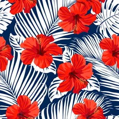 Wallpaper murals Red Tropical flowers and palm leaves on background. Seamless. Vector pattern. 